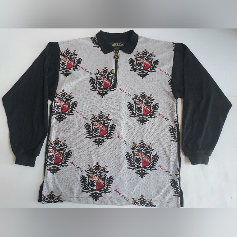 NWT Mens Medium WICKED Logo Print 1/4 Zip LS Collared Pull Over Top Poly/Cotton